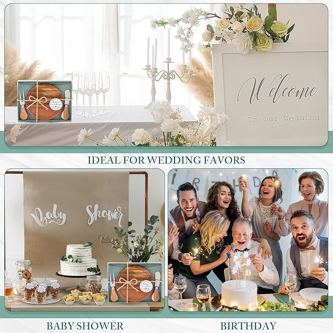 Maxcheck 8 Sets Baby Shower Bridal Game Prizes for Winners Round Cheese Board Set Wood Mini Charcuterie Board with Knives and Forks Thank You Card with Gift Box for Guests Wedding (Acacia)