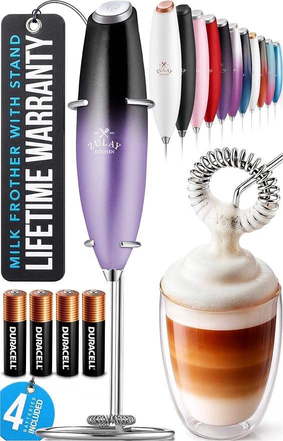 Zulay Kitchen Powerful Milk Frother Wand With 4 AA Duracell Batteries - Ultra Fast Handheld Drink Mixer - Electric Whisk Foam Maker for Coffee, Lattes, Cappuccino, Matcha & Creamer - Galaxy