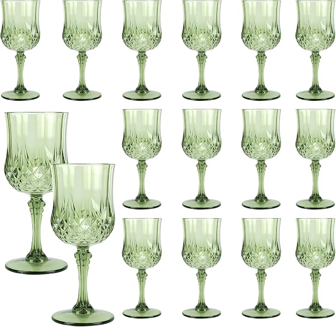 16 Pack Plastic Wine Glasses,10oz Unbreakable Vintage Style Goblets,Reusable Crystal Like Drinking Glass for Wedding Reception, Party Supplies (Sage Green)