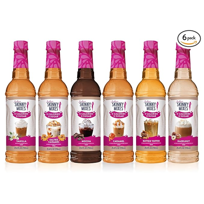 Jordan's Skinny Mixes Sugar Free Coffee Syrup, 6 Sampler Variety Pack Coffee Flavoring Syrup, Zero Calorie Drink Mix, Lattes, Baking, Protein Shake or Cocktail, Dairy & Gluten Free, Kosher, 25.4 Fl Oz
