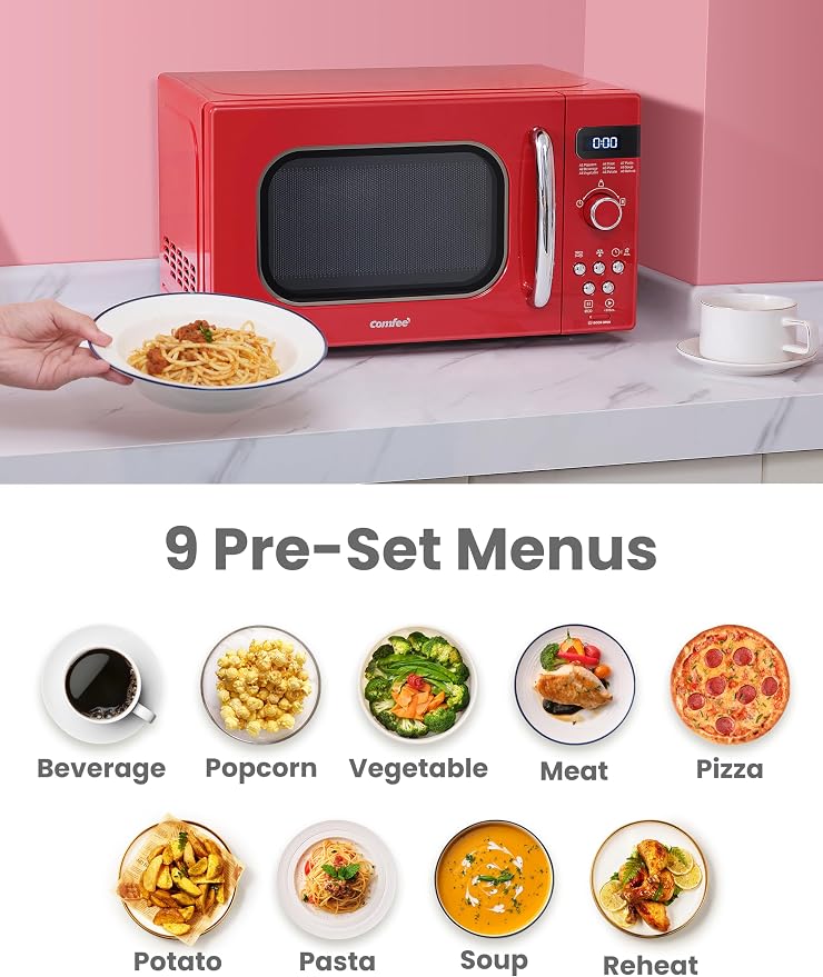COMFEE' Retro Small Microwave Oven With Compact Size, 9 Preset Menus, Position-Memory Turntable, Mute Function, Countertop Microwave Perfect For Small Spaces, 0.7 Cu Ft/700W, Red, AM720C2RA-R