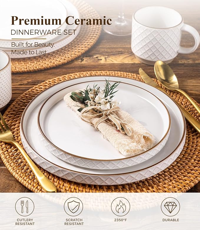 GBHOME Stoneware Dinnerware Sets Service for 4, 12 Piece Embossed Plates and Bowls Set, Elegant Ceramic Dish Set, Chip Resistant, Microwave & Dishwasher Safe, Off white（stackable)