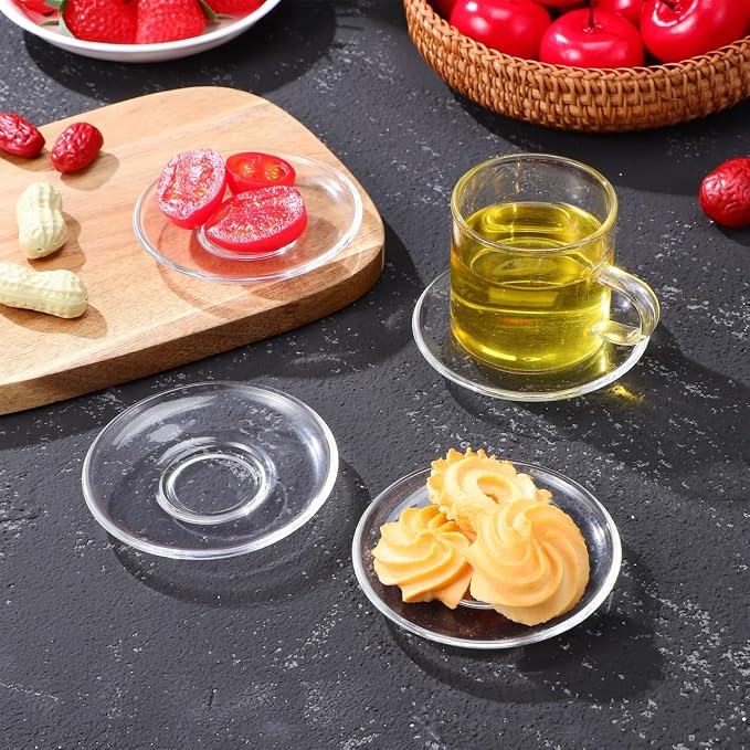 SHOWERORO 4Pcs Clear Glass Tea Saucers 3.54 Inch Round Plates for Coffee Cups Espresso Saucers Small Dessert Snack Serving