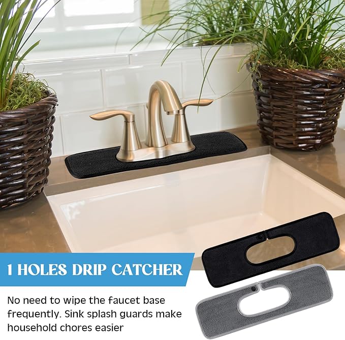 Teenyyou 2 Pcs Faucet Mat for Kitchen Sink Splash Guard for Kitchen Sink Faucet Dish Drying Mat for Bathroom Sponge Holder (Gray and Black,1 Oval Hole)