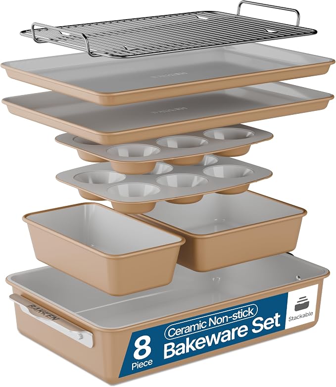 Bakken 8-Piece Stackable Bakeware Set – Ceramic Non-Stick, Oven-Safe Baking Sheets & Pans, PTFE/PFOA/PFOS-Free, Ergonomic Handles, Includes Cooling Rack – Healthy, Non-Toxic Baking Essentials, Gold