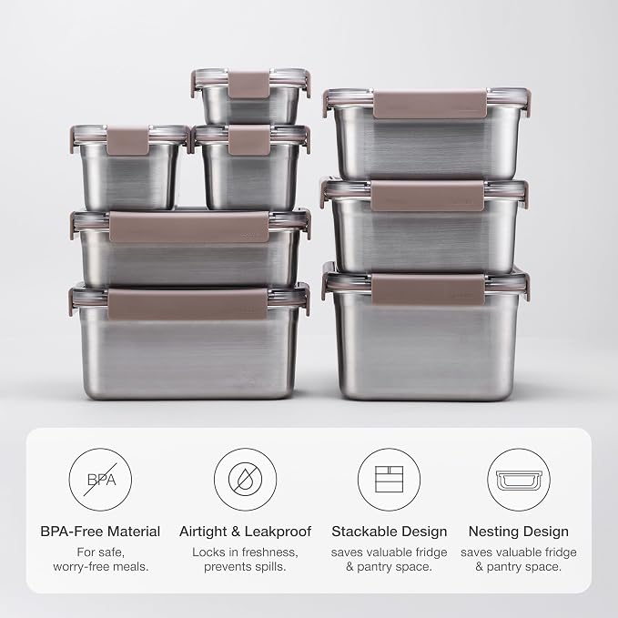 LocknLock Stainless Steel Food Storage Containers with Lids, Metal Lunch Boxes, Leak-Proof, Microwave, Freezer and Dishwasher Safe, 3-Piece Set, 2 x 310ml and 1 x 2000ml