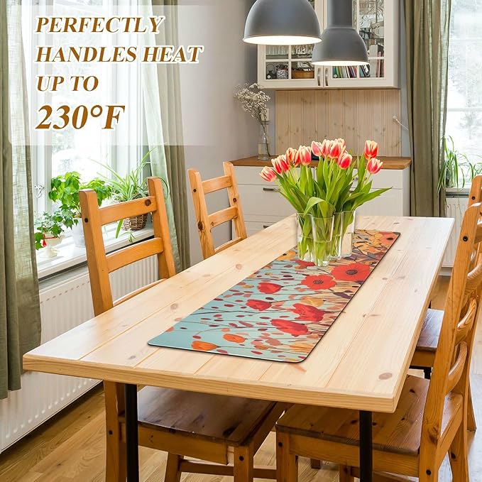 Orange Poppy Flower Turquoise Spring Trivet Table Runner Heat Resistant 230F for Hot Dishes Pots Plates Kitchen Dining Table Protector Decorative 39.37 X 11.8 Inch