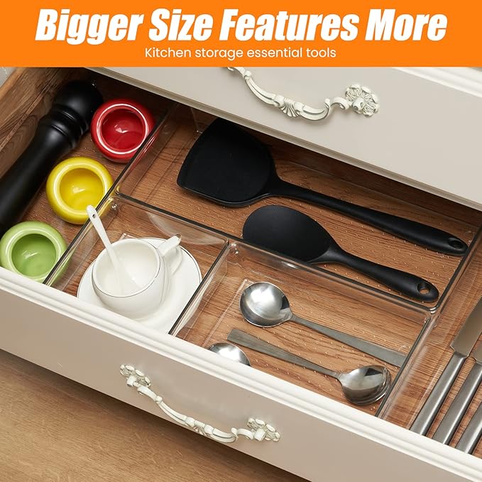 Criusia 18 Pcs Large Size Clear Drawer Organizer Set, Acrylic Non Slip Non Cracking Kitchen Drawer Storage Tray Divider, Multifunctional Storage for Cosmetics, Bathroom, Tools, Kitchen and Office