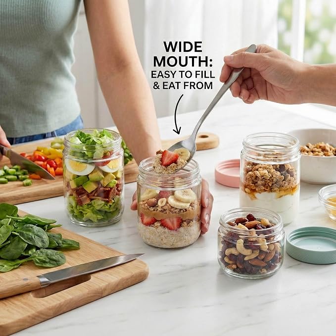 JBHO 6-pack 16 oz Overnight Oats Containers with Lids, Glass jars with Airtight Lids, Wide mouth Mason Salad jars, Glass Food Storage Containers for Snacks Yogurt Spice Sugar