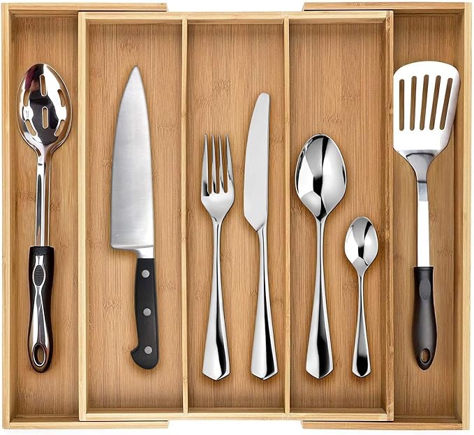 Dynamic Gear Premium Bamboo Drawer Organizer, 100% Pure Bamboo, Adjustable Utensil Organizer, Silverware Tray for Drawer (3-5 slots)