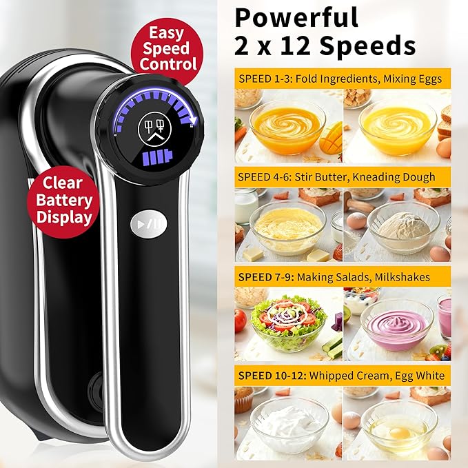 binROC Cordless Electric Hand Mixer, 12-Speed Rechargeable Handheld Mixer with Eject Button, 6 Stainless Steel Attachments, Snap-On Storage Case, LED, Self-Stand for Baking, Cake, Dough, Egg (Black)