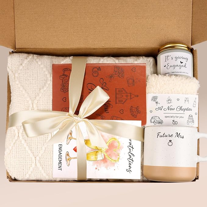 Engagement Gifts for Women, Bride to Be Gift Box, Future Mrs Mug, Newly Engaged Gifts for Best Friend, Engagement Gift Set with Cozy Blanket, Candle, Journal, Socks, Bridal Shower Present for Bride