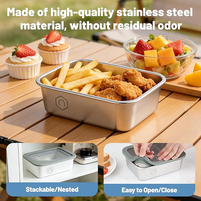 3PCS Stainless Steel Food Storage Containers with Glass Lids, 22/40/ 74oz Airtight Leak Proof Meal Prep Lunch Containers for Kitchen Storage, Microwave, Freezer, Dishwash Safe
