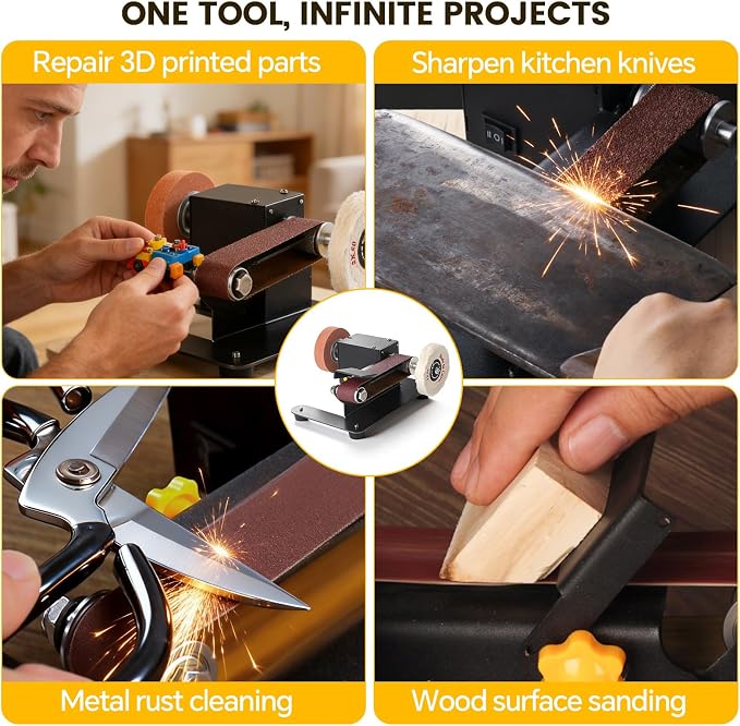 Mini Belt Sander, Electric Small Sander Knife Making Supplies, 7 Adjustable Speed Electric Knife Sharpener, Power Belt Grinder for Woodworking. (Standard - Essential Polishing Kit)