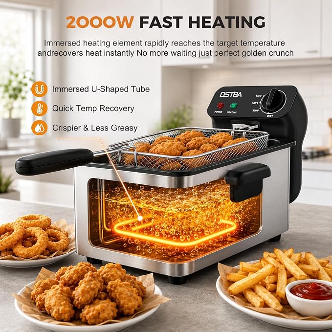 OSTBA Electric Deep Fryer with Basket, 1500W Stainless Steel Countertop Deep Fryer, 3.2QT Oil Capacity, Adjustable Temperature Control, Viewing Window, Removable Oil Container, Overheat Protection