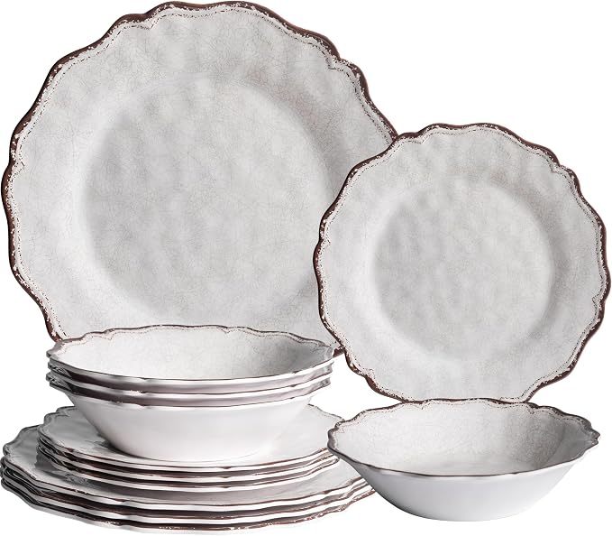 LEHAHA Farmhouse White Melamine Dinnerware Sets, 12 Piece Plates and Bowls Set, Perfect Weight and Unbreakable Camping Dishes Dinnerware Sets, Service for 4, Indoor and Outdoor Use, Dishwasher Safe