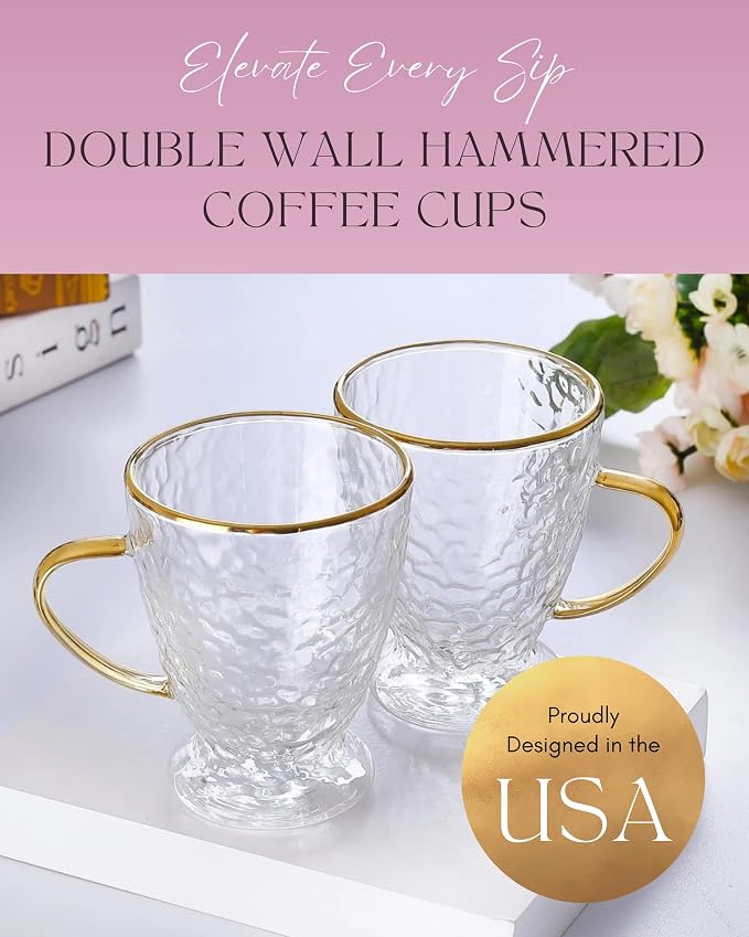 Sister.ly Drinkware, Hammered Double Wall Glass Coffee Cups with Gold Rim and Gold Handle, Insulated Glass Coffee Mugs, Set of 2, 12 ounces. Perfect for Espresso, Latte, Tea, Irish Coffee
