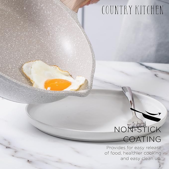 Country Kitchen Non-Stick Cast Aluminum Cookware Set - Durable Kitchen Cookware for Everyday Cooking, Cream, 15 Pc.