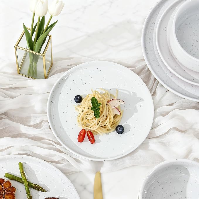 GZG Ceramic Dinner Salad Plates Set of 4, 8 Inch Speckled Dinnerware Dessert Plates with Clay-Tone Base, Microwave Oven Dishwasher Safe
