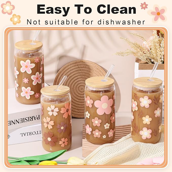 Mumufy 4 Pack Wildflower Glass Cups Gift Aesthetic Cute Glass Cup Tumbler Flower Iced Coffee Mugs 16 oz with Bamboo Lid & Straw, for Wedding Birthday Bridesmaid Mom Baby Shower