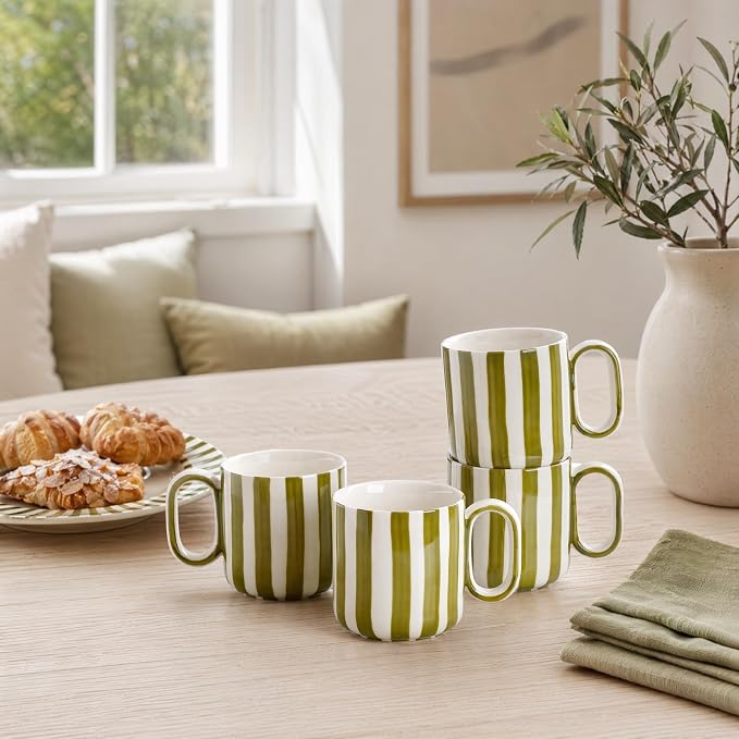 Ceramic Coffee Mugs Set of 4, 8.5 oz Small Stoneware Coffee Cups with Handle, Aesthetic Green Stripe Latte Tea Mug for Latte Tea Hot Chocolate, Microwave and Dishwasher Safe (8.5 oz)