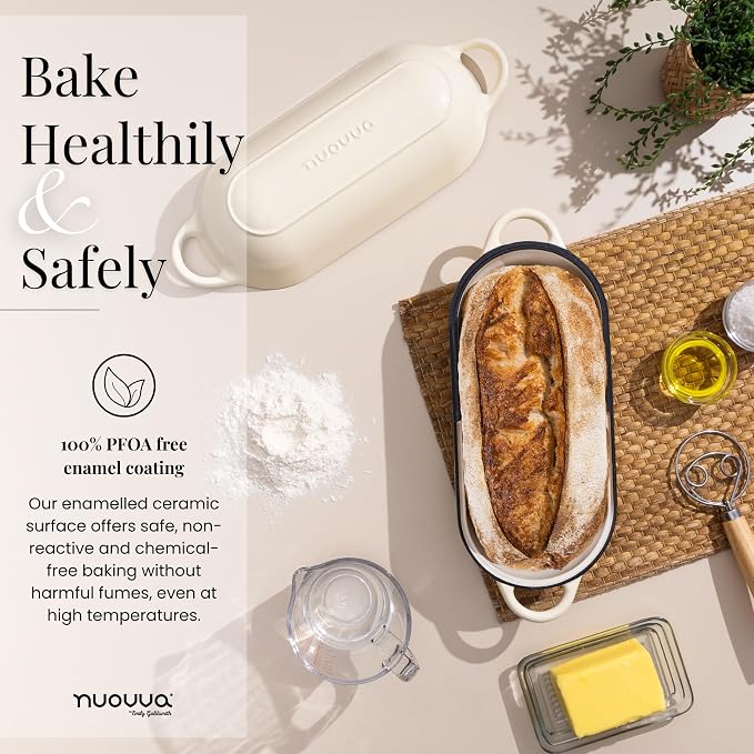 Enamelled Cast Iron Bread Loaf Pot – Dutch Oven For Sourdough Bread Baking – Oven Safe Non Stick Bread Pot – Rectangular, Cream, 34cm x 16cm – by Nuovva