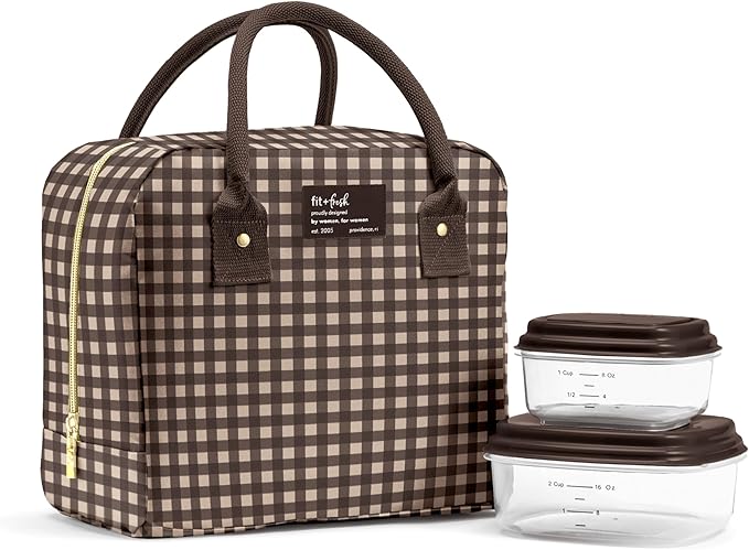 Fit & Fresh Bloomington Lunch Bag for Women - Insulated Large Lunch Box for Work with Containers, Leak-Resistant, Gingham Tan