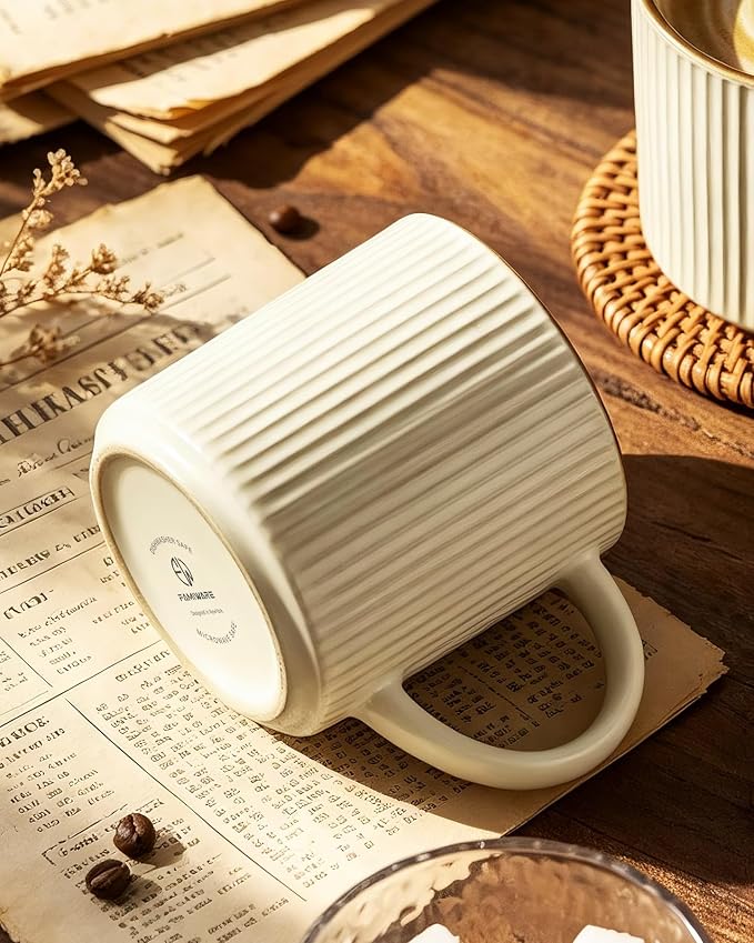 famiware Coffee Mug Set for 6, Star 12 oz Catering Mugs Cup Set with Handle for Coffee, Tea, Cocoa, Milk - Ceramic Stoneware Drinkware Set, Vanilla White