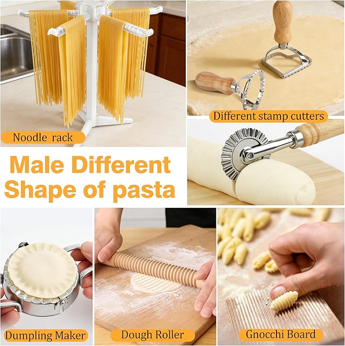 TREWAVE 15 Pcs Pasta Making Tools Set, Homemade Pasta Making Kit Includes Ravioli Maker Mold, Gnocchi Board, Pasta Drying Rack, Red Pastry Mat and Rolling Pin for Beginners & Home Chefs