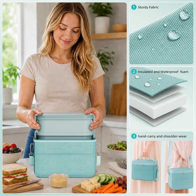 DaCool Adults Lunchbox Bento Box with Lunch Bag- 74 OZ All-in-One Stackable Lunch Box for Adults Kids Leakproof Bento Large Lunch Box Containers with Fork Spoon Sauce Box for Work School (Green)