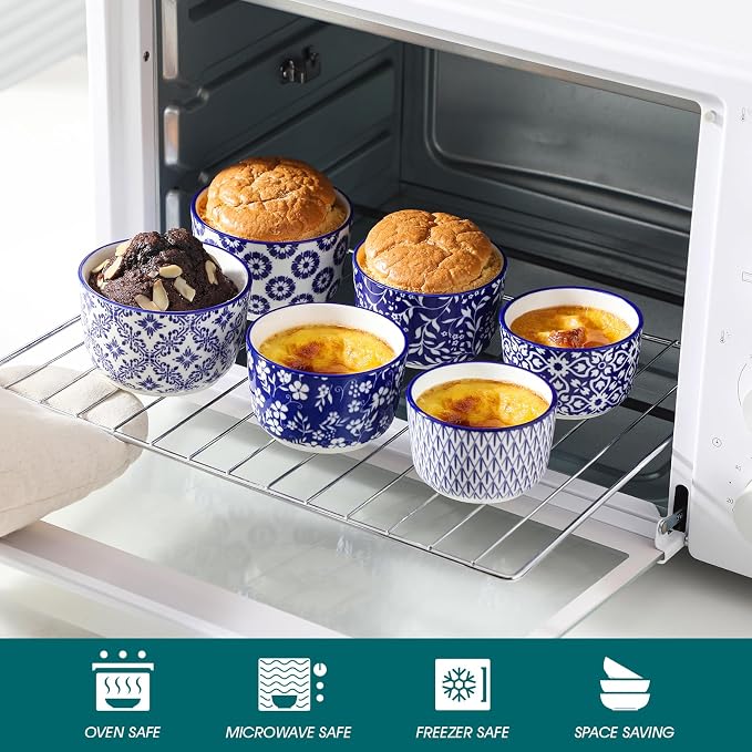 vancasso Selene 8 oz Ceramic Ramekins Set of 6, Large Capacity Oven-Safe Baking Cups for Soufflés, Snack Serving, Desserts, Blue and White Serving Bowls