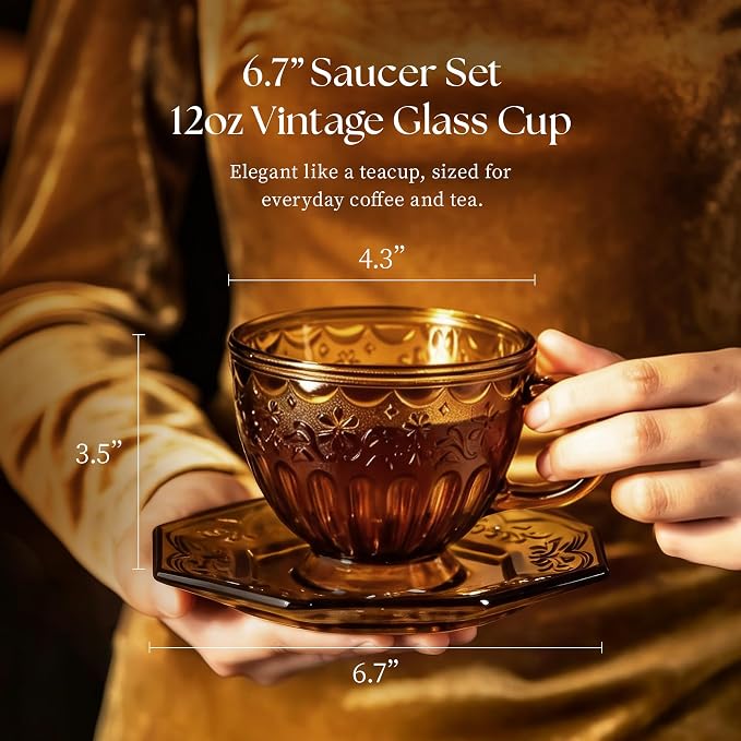 Handcrafted Vintage Glass Coffee Cup and Saucer Set, 12 oz Large Tea Cup with Octagonal Saucer for Coffee, Latte, Tea & Home Cafe, Gift for Women, Microwave & Dishwasher Safe, Golden Amber