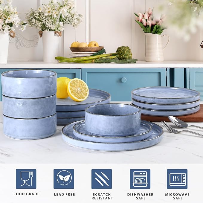 LIANYU Dinnerware Dish Sets for 4, 12 Piece Stoneware Plates and Bowls, Kitchen Dinner Set for Dessert Salad Pasta, Microwave & Dishwasher Safe, Serenity Blue