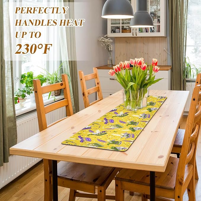 2 in 1 Table Runner Trivet for Hot Pots and Pans Heat Resistant Non Slip Waterproof 39 x 12 Inch Decorative Table Protector for Kitchen Countertop Mardi Gras Hats Yellow