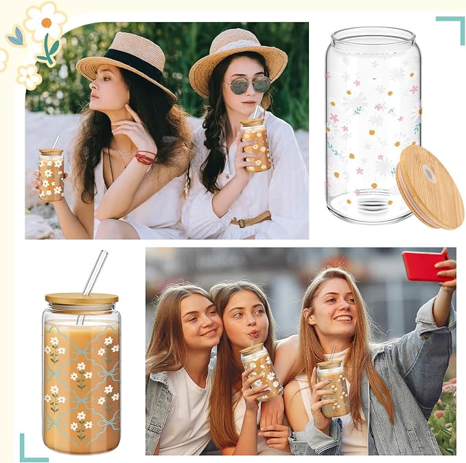 Mumufy 4 Pack Wildflower Glass Cups Gift Aesthetic Cute Glass Cup Tumbler Flower Iced Coffee Mugs 16 oz with Bamboo Lid & Straw, for Wedding Birthday Bridesmaid Mom Baby Shower