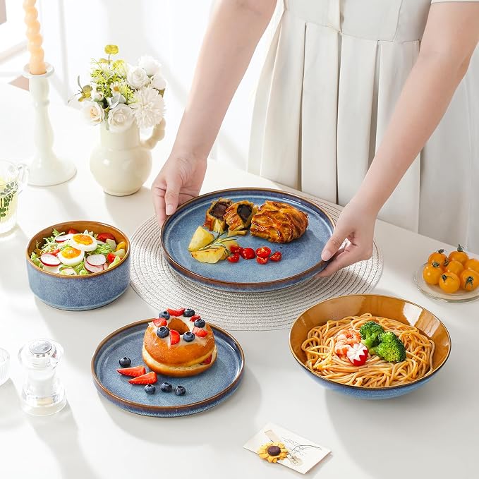 ONION Ceramic Plates and Bowls Sets for 6, 24 Pieces Stoneware Dinnerware Sets for Kitchen, Reactive Glaze Dish Set, Dishwasher and Microwave Safe, Blue