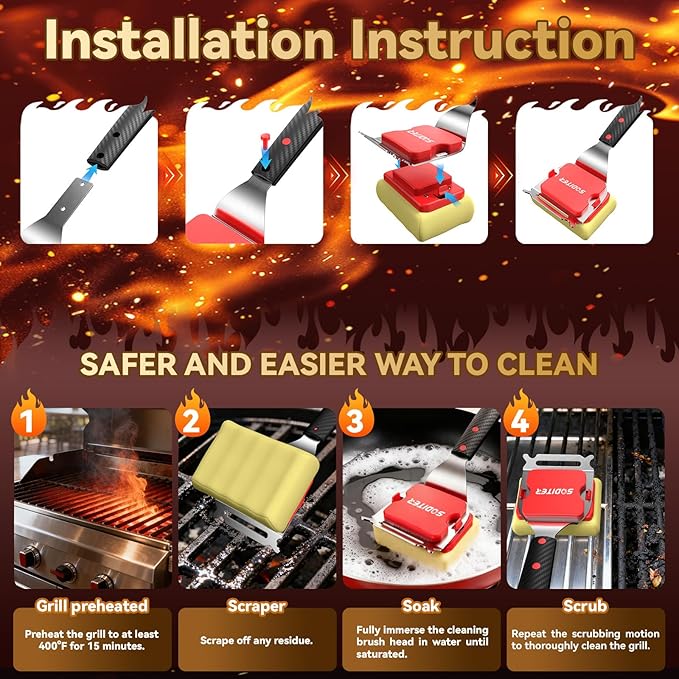 Grill Brush Bristle Free with Steam Cleaning Head & Scraper - BBQ Grill Cleaning Brush for Outdoor Grill, Safe Grill Cleaner for Cast Iron, Stainless Steel Grates, Replaceable Head (Two Brush Heads)
