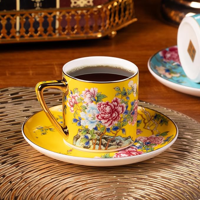 KAMMAK Tea Cups and Saucers Set of 2, Porcelain Coffee Cups, 7.5oz Stackable Espresso Mugs, Ceramic Demitasse for Coffee, Latte, Americano, Tea (633N+634N)