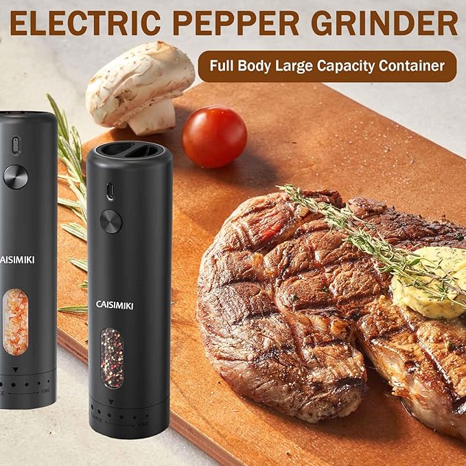 Large Capacity Rechargeable Electric Pepper Grinder 2025 New Pepper Mill USB Black Automatic Pepper Mill Adjustable Coarseness Salt Shakers with LED Light One Hand