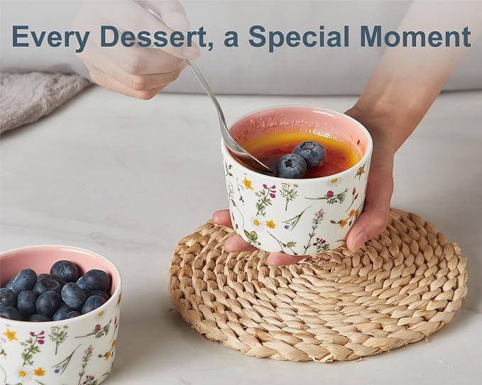 ONEMORE 6 oz Ramekins Oven Safe, Floral Ceramic Ramekin Set of 6 Pink Ramekins for Baking & Serving, Creme Brulee Dishes, Custard Pudding Souffle Cups, Small Dessert Bowls for Oven, Air Fryer