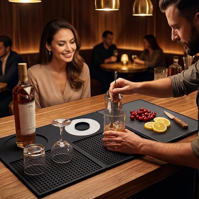 12'' x 22'' Silicone Cocktail Bar Mat for Bartending & Home Bar - Multifunctional Folding Drink Mat with Cutting Board - Portable Black Bar Countertop Accessories & Spill Mat(Black)