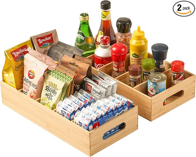 Umilife Large Bamboo Pantry Organizers and Storage Bins with Removable Dividers, Kitchen Drawer Cabinet Countertop Organization for Snack, Spice Packets, Teabags, Seasoning Pouches (2 Pack)