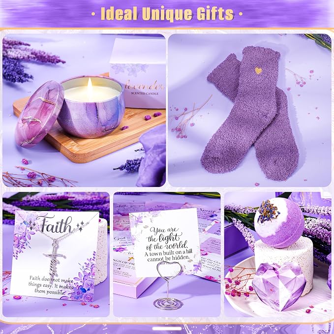 12PCS Christian Gifts For Women Faith - Inspirational Religious Birthday Gifts, Purple Spiritual Baptism Baskets For Mom, Grandma, Wife, Mothers, Friend, Sister,Catholic&Encouragement Birthday Gift