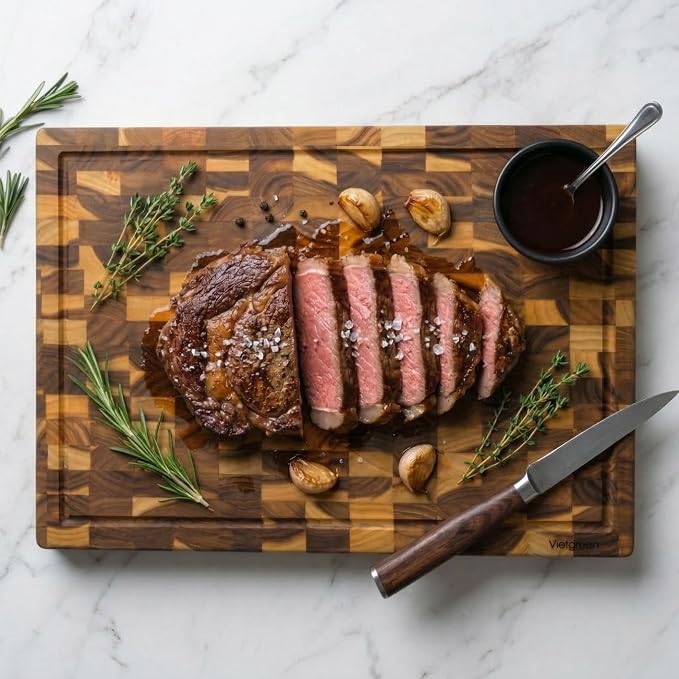 Teak Cutting Board for Kitchen – End Grain 17 x 13 x 1.5 Inch Medium Butcher Block with Juice Groove & Side Handles for Meat & Meal Prep