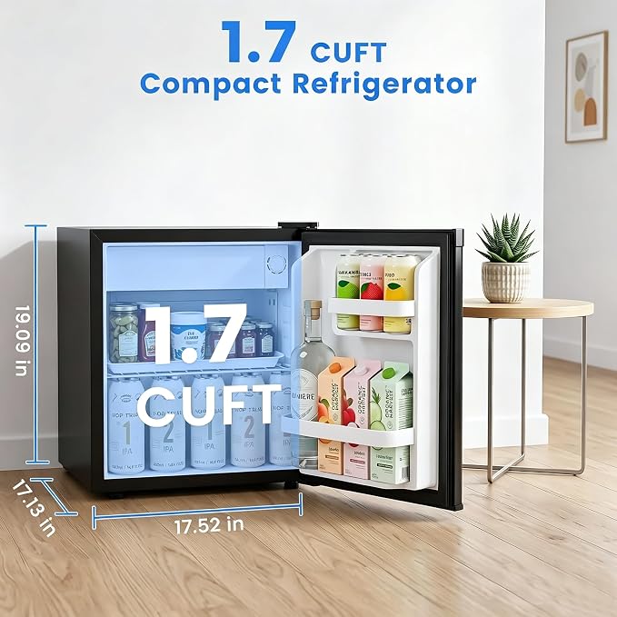 Electactic 1.7 Cu.ft Mini Fridge, Compact Refrigerator, Single Reversible Door, Ultra Quiet, Energy Efficient for Office, Dorm, Bedroom, Apartment, Black