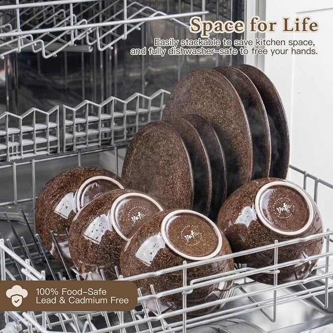 Dafuceramic Plates and Bowls Sets, 12 Pieces Dark Blue Dinnerware Sets for Kitchen, Reactive Glaze Dishes Set for 4, Dishwasher and Microwave Safe, Series Starflecked Shore(Brown)