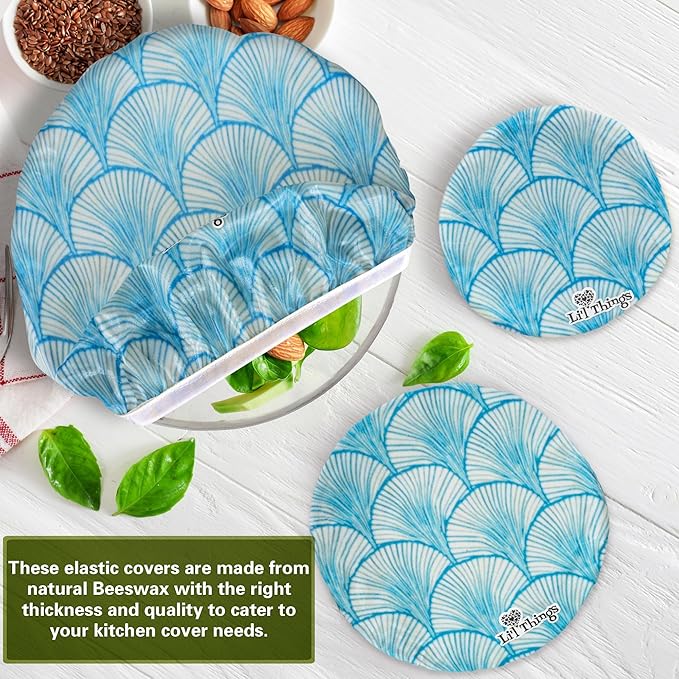 Beeswax Bowl Covers Set of 5 (XS–XL) – Reusable Elastic Food Covers for Bowls – Organic Cotton with Beeswax, Washable & Plastic-Free | Li’l Things – Seashell Serenade