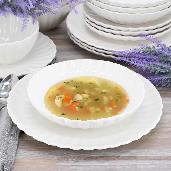Elama Jane 16 Piece Scalloped Double Bowl Porcelain White Dinnerware Set, Serveware, Tableware, Bowls, Plate Set (Jane)