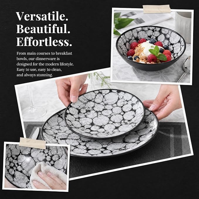 Melamine Dinnerware Sets 12pcs Rustic Farmhouse Dinner Dishes Set Lightweight Service for 4 Plastic Plates and Bowls Set, Modern Gray Bubble