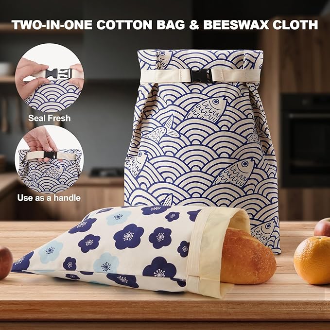 Beeswax Bread Bags for Sourdough, Reusable Bread Bags for Homemade Bread, 2 Pack Natural Cotton Beeswax Storage, Natural Cotton Beeswax Bags, Large Capacity